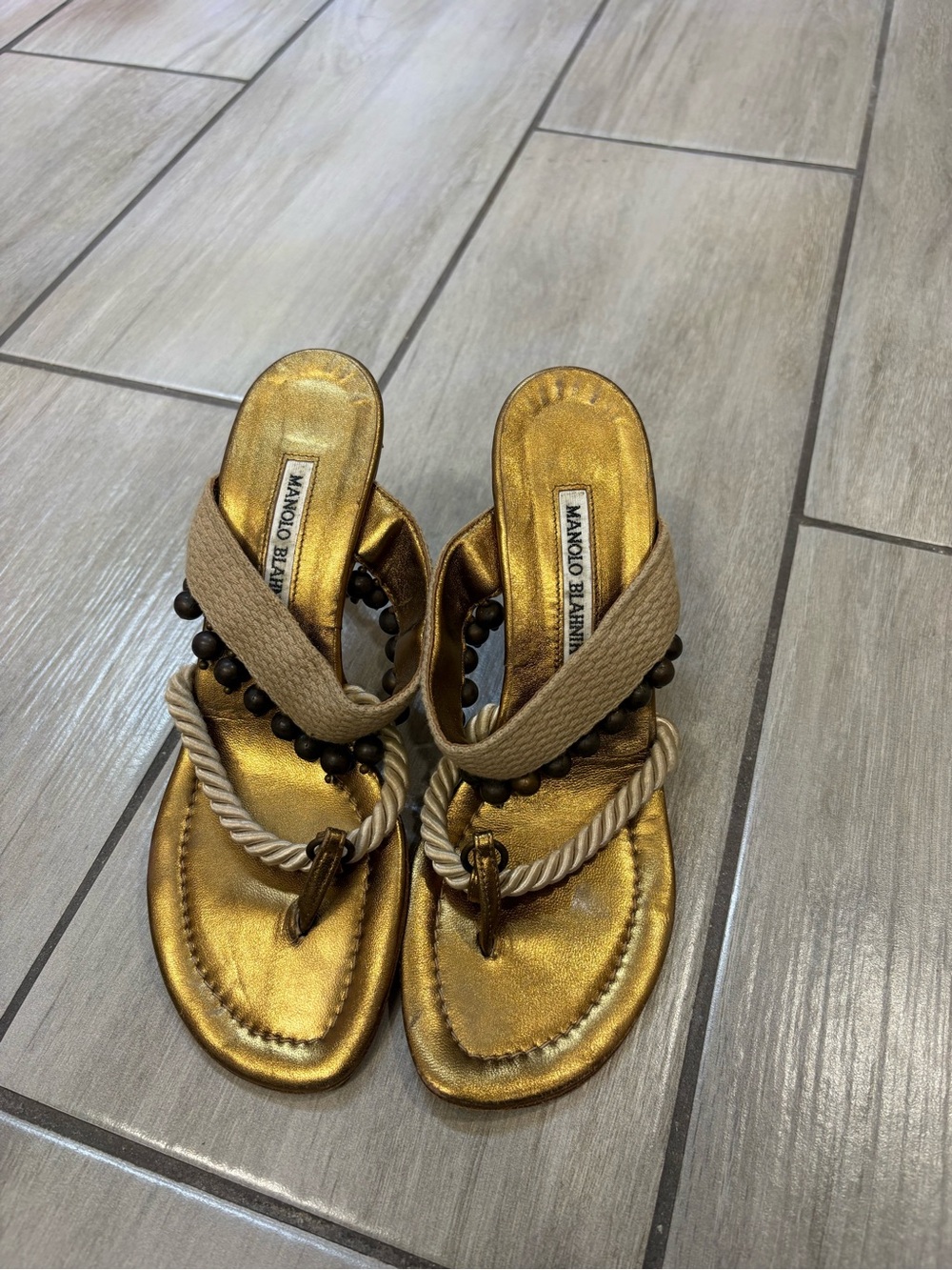 Manolo Blahnik Gold Rope-Trim Slide Sandals - Picture 2 of 12